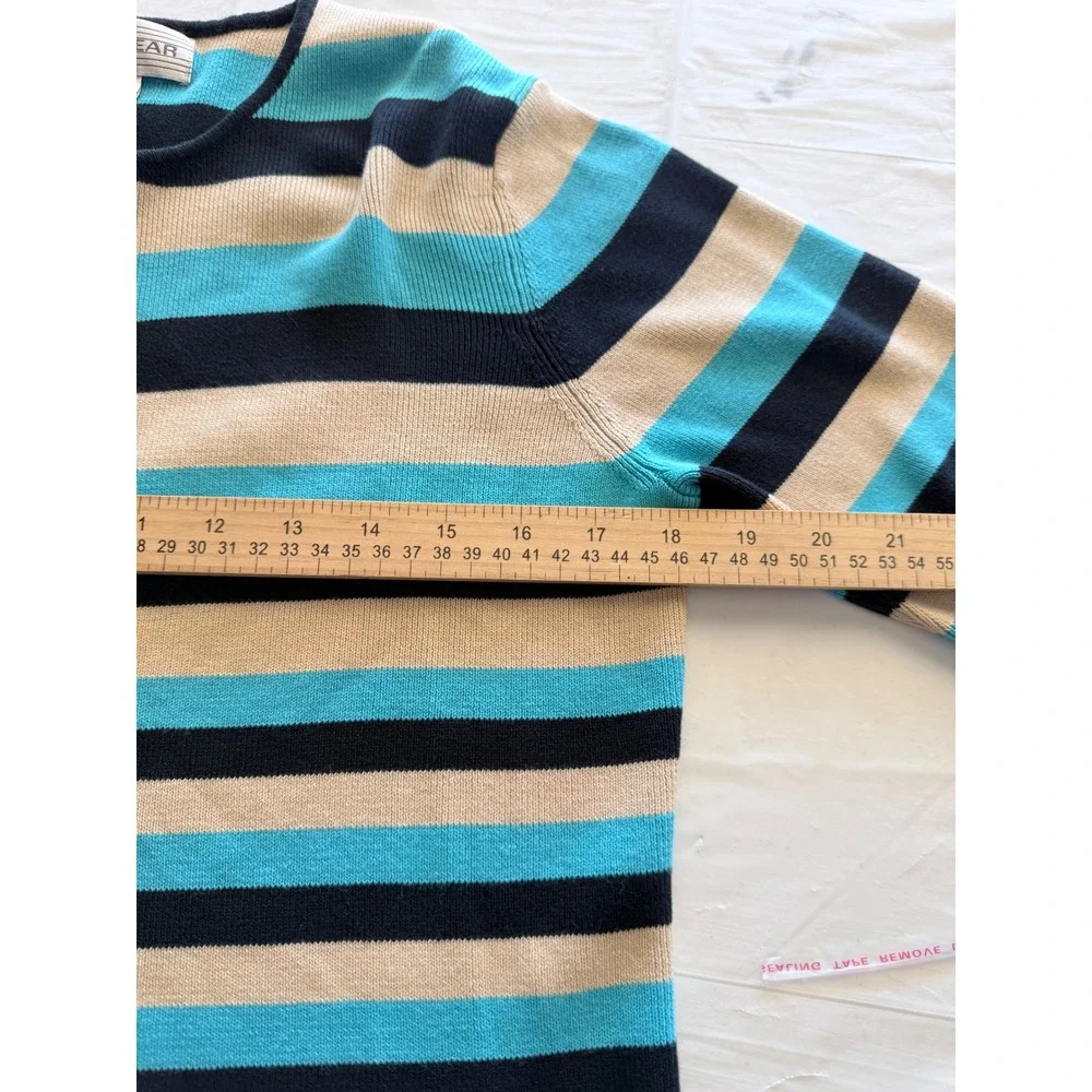 Jones Wear Womens Striped Crewneck Sweater Blue Black Tan Size Medium